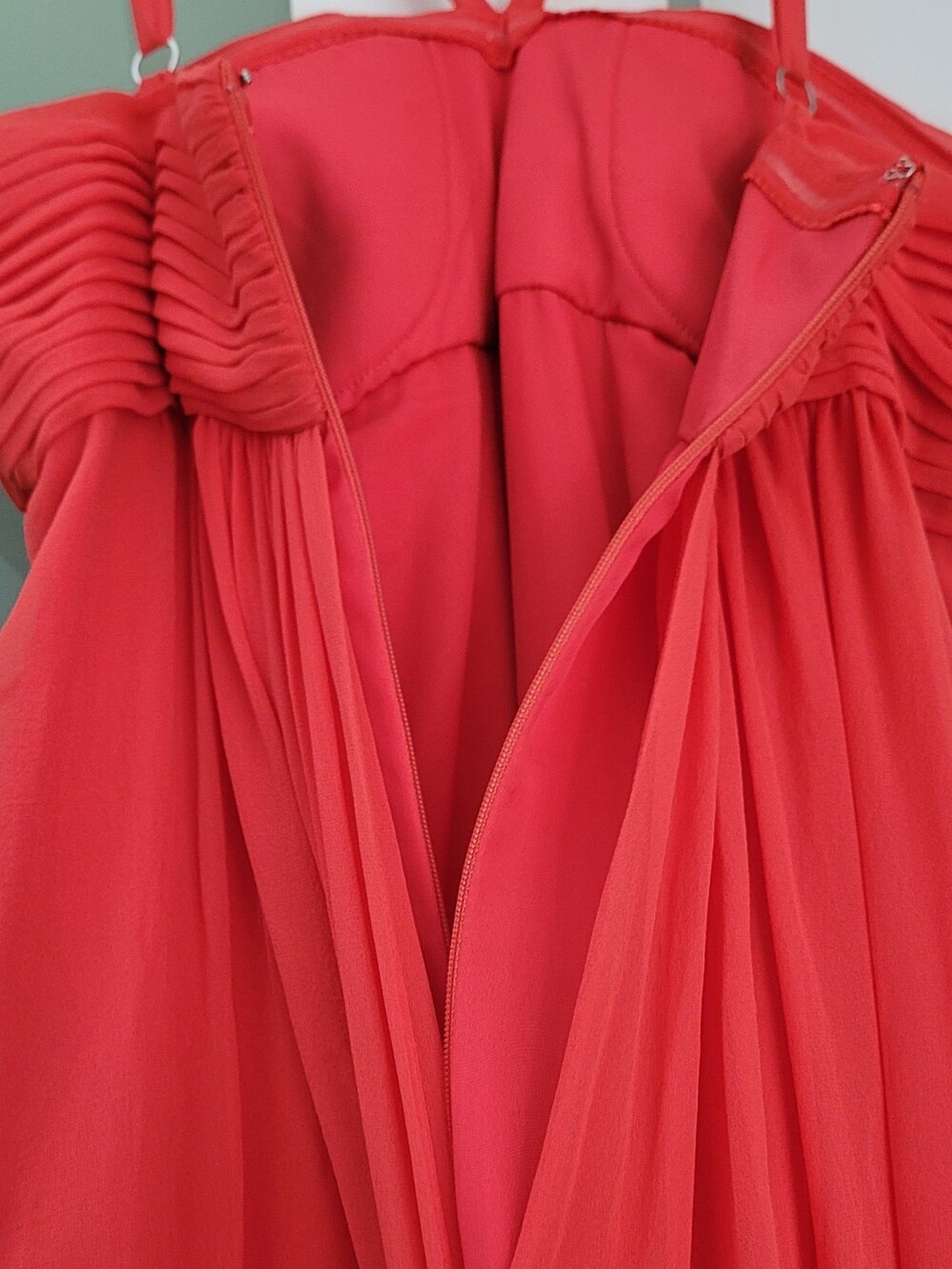 BCBG Max Azria Coral Chiffon Ruched Maxi Gown - Picture 4 of 15